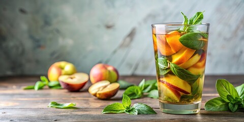 Ice-filled tumbler filled with a green tea infused with peach slices and basil leaves floating on top, fruit, peach, herbs, outdoors, summer drink