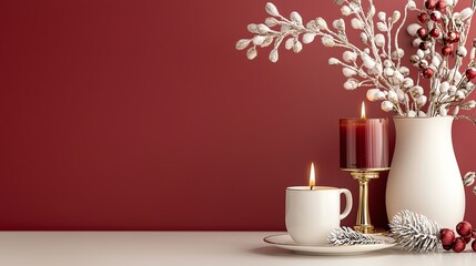 Red and gold Christmas table, candle holders, festive greenery, holiday elegance