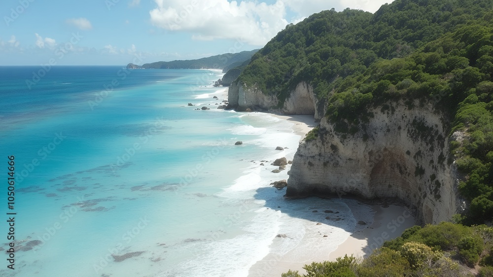 Canvas Prints A view of a white sand beach and clear blue water.