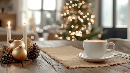 Rustic table, burlap runner, vintage ornaments, cozy Christmas atmosphere