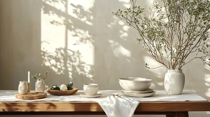 Scandinavian Christmas table, white linens, green decor, minimalistic charm