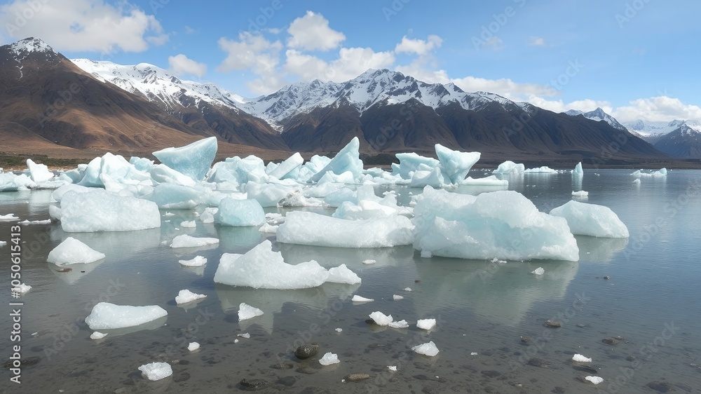 Poster Icebergs float in a serene lake with a snow-capped mountain range in the background.