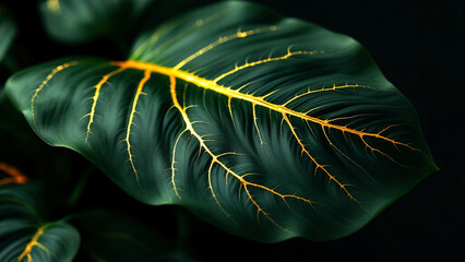 Close-Up of a Leaf with Intricate Veins Against a Dark Background