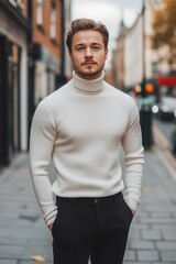 Fototapeta premium A Stylish Young Man in a White Turtleneck Stands Confidently on a City Street During Autumn, Surrounded by Urban Architecture