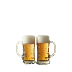 Two frosty mugs of beer with golden liquid and creamy foam, perfect for celebrations or casual gatherings.