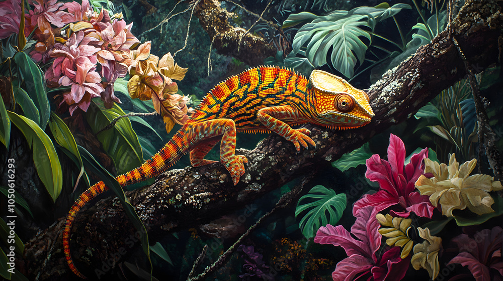 Wall mural Into the Heart of the Rainforest: The JacksonÆs Chameleon Among Vibrant Flora and Fauna