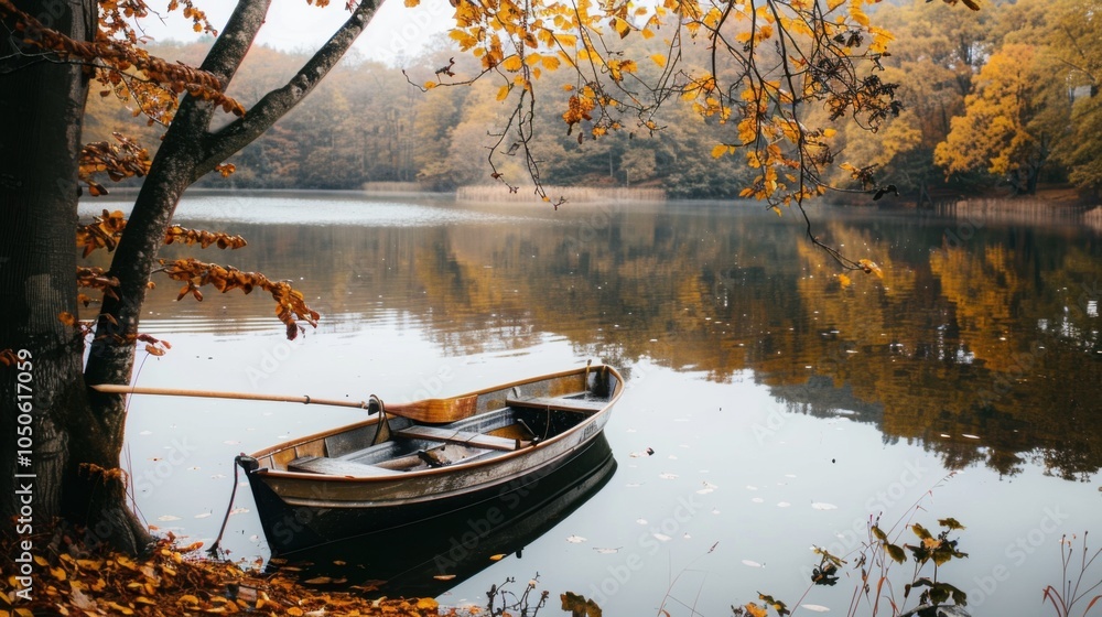 Poster a tranquil lake surrounded by autumn foliage with a small rowboat docked at the shore and reflection
