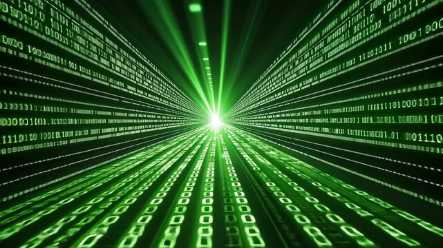 A green, digital tunnel with rows of binary code receding into the distance