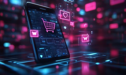 Smartphone with virtual shopping cart and social media icons floating above screen, representing online shopping and digital consumer engagement, Generative AI