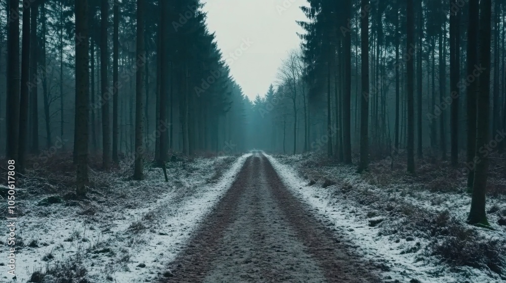 Poster snowy path through dense forest in mysterious setting
