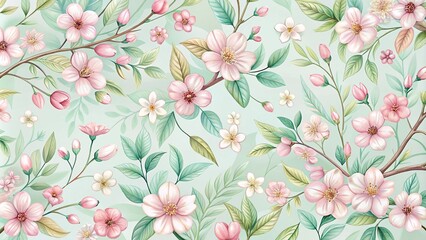 Whimsical floral wallpaper with hand-drawn illustrations of cherry blossoms and leaves in soft pastel colors, ornate, design element, delicate, nature, watercolor