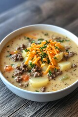 Creamy Homemade Beef and Potato Soup Served in a White Bowl With Cheddar Cheese and Herbs, Perfect for a Cozy Meal