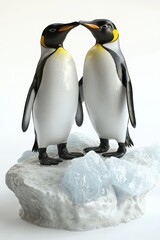 Fototapeta premium Two emperor penguins stand closely together, gently touching beaks, on a snowy surface surrounded by ice fragments, symbolizing connection and companionship in the cold wilderness