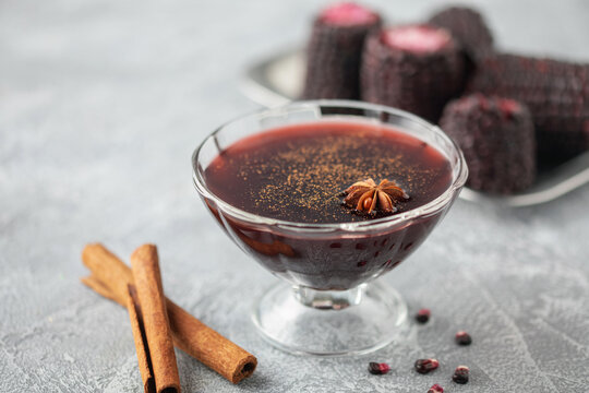 Peruvian purple corn jam dessert. Mazamorra morada