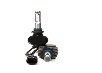 Light bulbs for car lamps. Automotive part in Silvery metallic and black color with wires and connecting elements