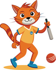 cat play cricket on white background