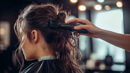 Naklejka premium Professional hair stylist working in a salon, drying a woman's hair with a hair dryer, concept of grooming and beauty, indoor scene