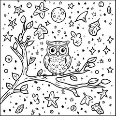 Fototapeta premium A friendly owl in a tree at night, coloring page for kids, simple outline illustration. Coloring book, simple lines.