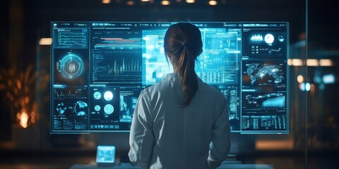 Healthcare professional using futuristic medical software for patient data analysis with an interactive virtual interface in a modern clinic, Generative AI