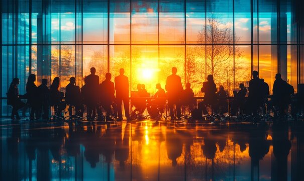 Blurred silhouettes business professionals boardroom meeting corporate office glass wall sunset glow windows modern conference room collaboration discussion teamwork strategic, Generative AI