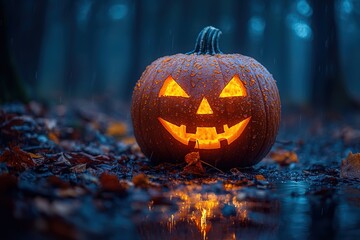 Carved pumpkin lantern illuminating the night with an eerie, flickering light for Halloween