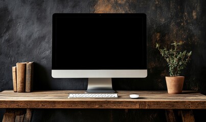 Modern computer with a blank screen on a wooden desk against a dark wall, ideal for mockups and presentations, Generative AI