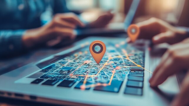 Local search engine optimization concept with people placing location pins on laptop screen, marketing strategy to improve online visibility and attract nearby, Generative AI