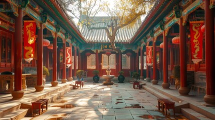 Obraz premium empty Chinese courtyard decorated with red snake banners and traditional Chinese decorations for the New Year celebration . ai generated