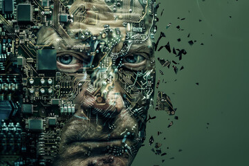 A face emerges from an abstract design, seamlessly blending with complex circuitry, conveying the synergy between human identity and digital technology