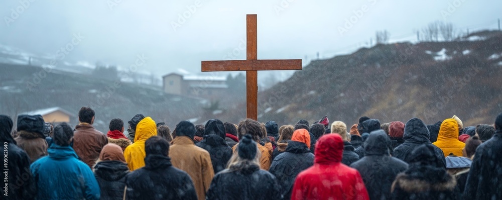 Wall mural together, a christian congregation prays before a wooden cross under an overcast sky. - generative a