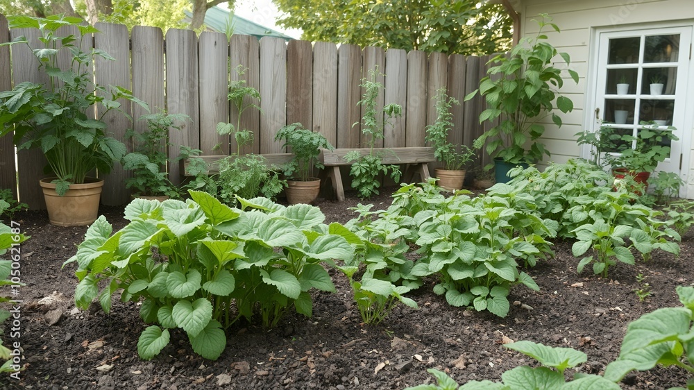 Sticker Green plants and a wooden fence in a garden.