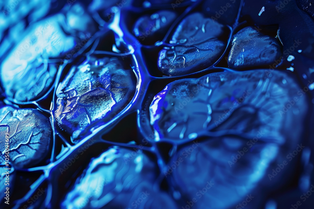 Poster detailed blue textures showcase an intricate network that mimics organic formations, highlighted by 