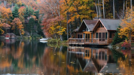 A tranquil lakeside retreat with cozy log cabins and autumn foliage reflecting in the calm water, nature setting with fall colors, Rustic style