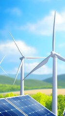 The image features wind turbines and solar panels against a bright blue sky, symbolizing renewable energy and sustainability.
