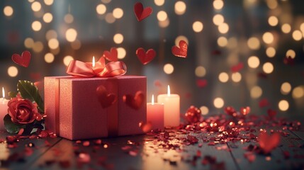 Valentine’s Day Themed Backdrop with Red Candles and Floating Hearts