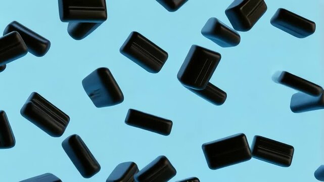Black licorice candies scattered on blue background