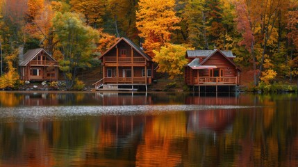 Fototapeta premium A tranquil lakeside retreat with cozy log cabins and autumn foliage reflecting in the calm water, nature setting with fall colors, Rustic style