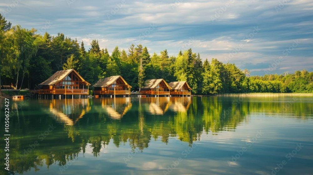 Wall mural A tranquil lakeside retreat with wooden cabins and calm waters, Nature setting with peaceful relaxation, Tranquil style