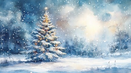 Watercolor Christmas Tree with Snow Falling on Soft Blue Background