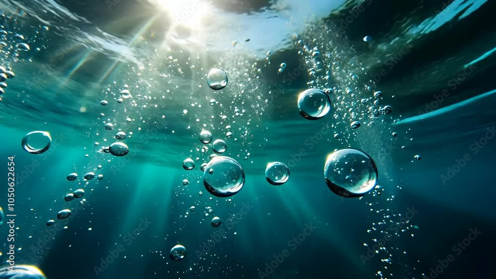 Poster sunlight streams through the water, illuminating a cluster of bubbles rising in the ocean