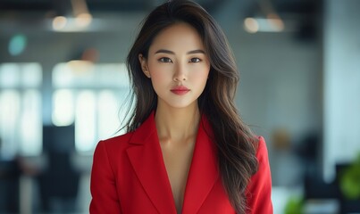 Obraz premium Confident Asian Businesswoman in Red Suit in Loft Office Setting Posing with Determination and Professionalism, Generative AI
