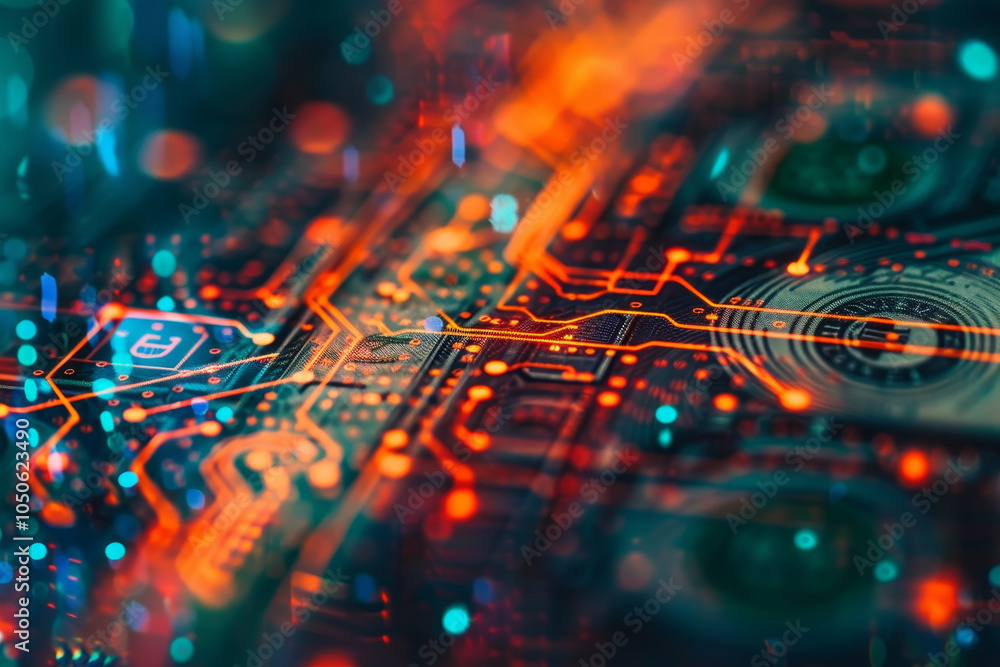 Poster a captivating close-up of a circuit board featuring intricate patterns and glowing lines in various 