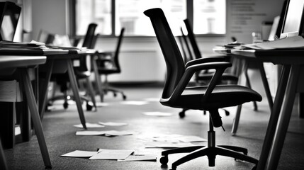 An empty office with scattered papers and dusty chairs, the absence of workers symbolizing the harsh reality of joblessness