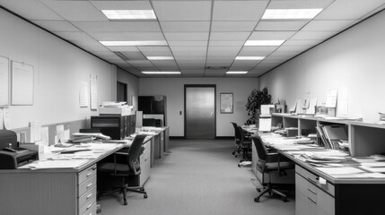 An empty office with scattered papers and dusty chairs, the absence of workers symbolizing the harsh reality of joblessness