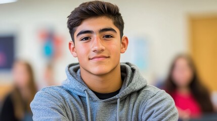 Fototapeta premium A determined student standing confidently in a modern classroom filled with sunlight, catching everyone attention amidst focused peers and inspiring surroundings