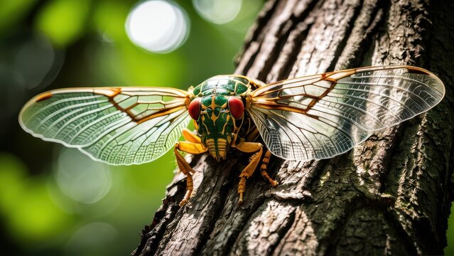 This realistic image features a chicharra, emphasizing its vibrant colors and delicate wings against a blurred background, ideal for nature-inspired art.