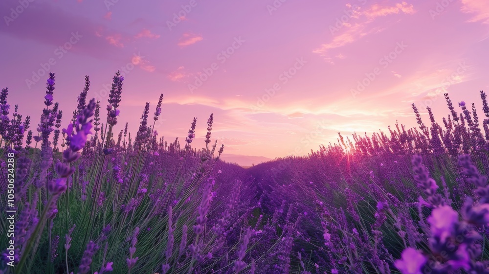 Wall mural A tranquil lavender field in full bloom under a purple sunset sky, Rural setting with aromatic beauty, Romantic style