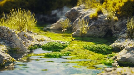 Obraz premium Nature Scene with Green Algae Covering Rocks by the Water's Edge in Bright Daylight