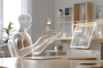 Geschlechtsneutrale transluzente Figur im Büro - Szene symbolisiert moderne KI-unterstützte Technologie und Flexibilität am Arbeitsplatz