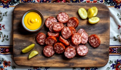 Sliced Kiszka Sausage with Mustard and Pickles on Polish-Style Wooden Board (Polish Cuisine)